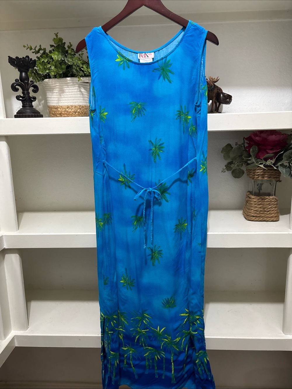R&K Original Women’s Blue Maxi Dress Size 16W Tie Waist Detail 49” Lenght
